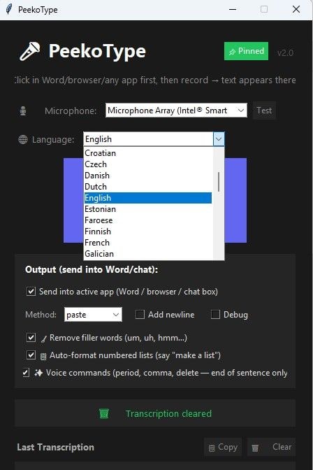 PeekoType language dropdown open, showing a list of supported languages including English, French, Dutch, Czech and more