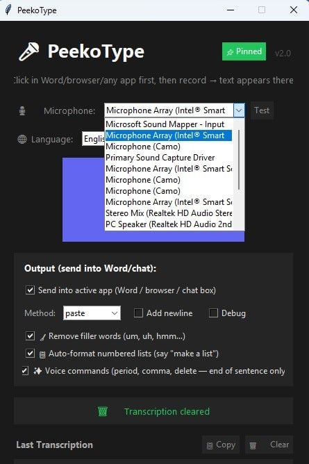 PeekoType microphone dropdown menu open, showing available input devices