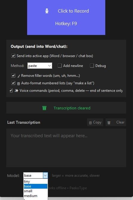 PeekoType model size selector open, listing Whisper model options