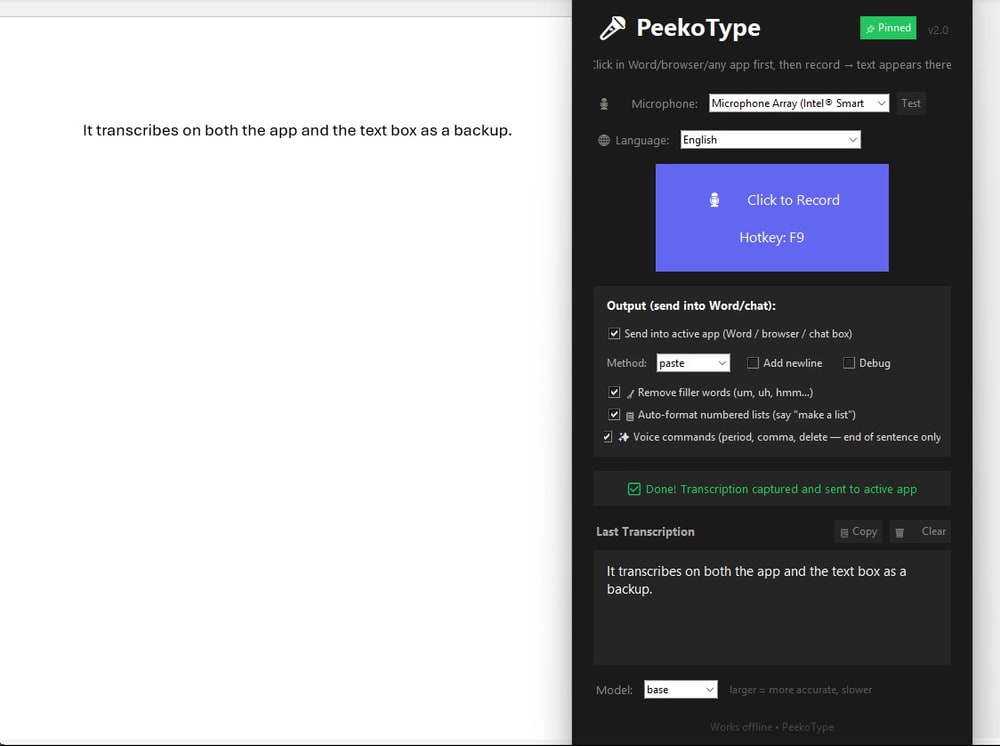 PeekoType transcribing into a document while also keeping a backup copy in its Last Transcription panel